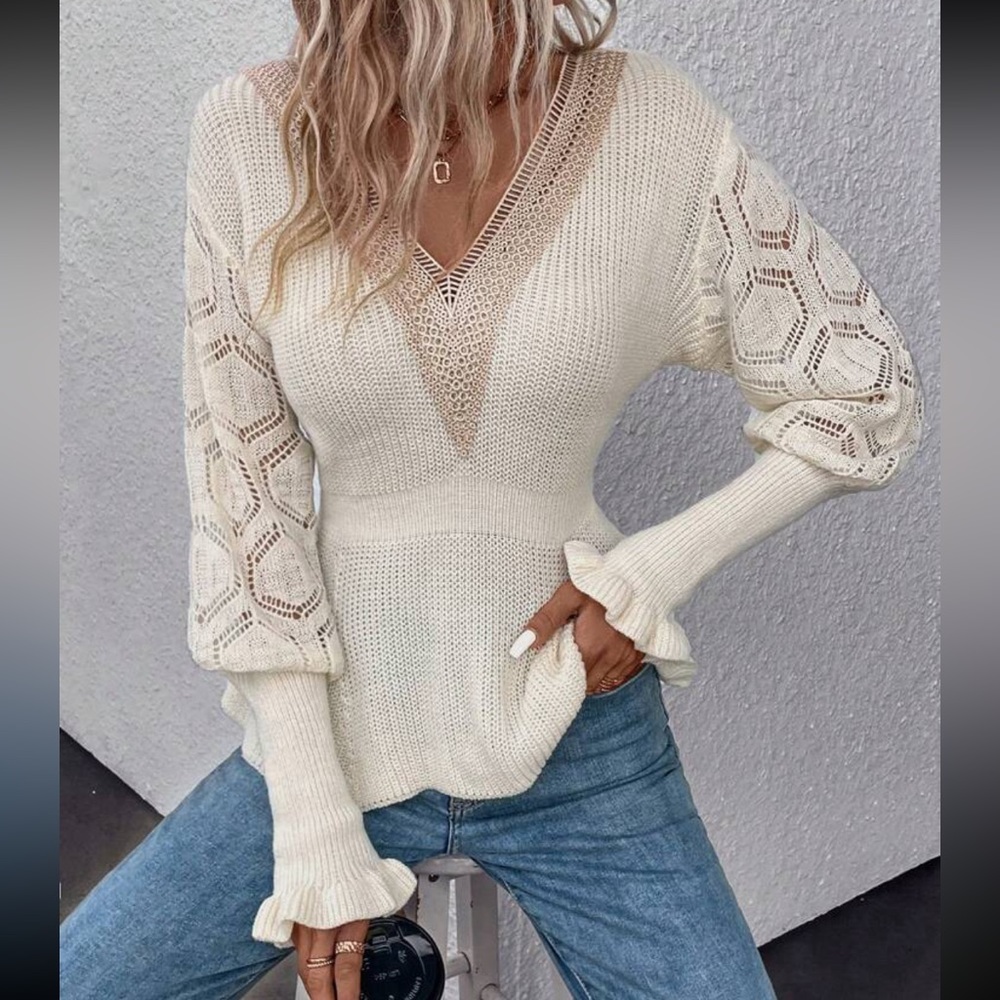 Comfy Sheer Mesh Crochet Guipure Lace Cuff Long Sleeve Peplum Knit Sweater - Picture 1 of 5